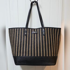 COLE HAAN Becket Striped Raffia and Leather Large Tote EUC